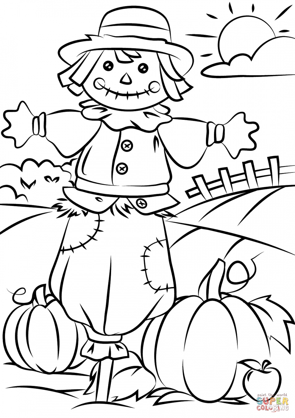 Free Printable Fall Color Pages - Printable - Autumn Scene with Scarecrow coloring page  Free Printable