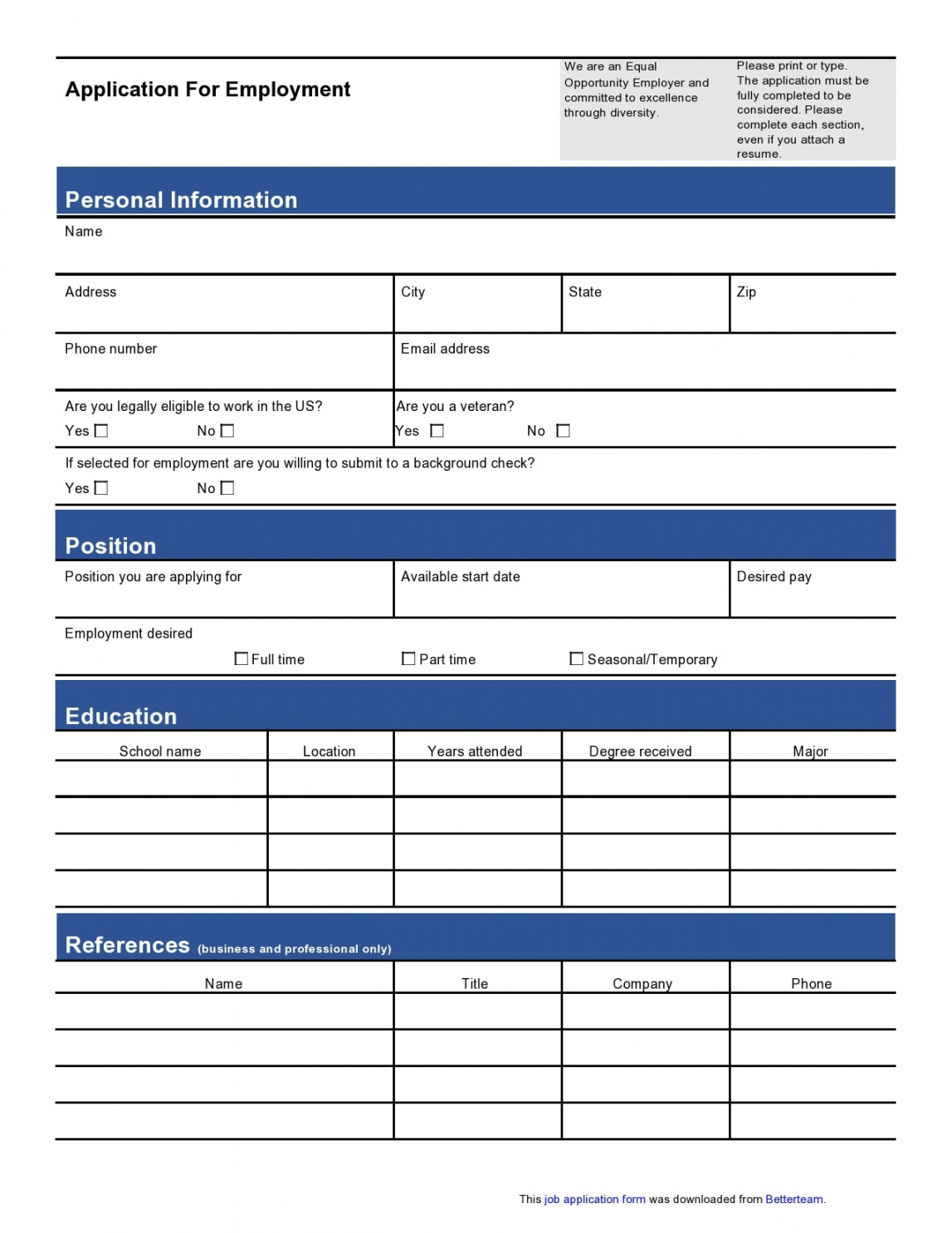 Application For Employment Form Free Printable - Printable -  Basic Employment Application Templates [Free]