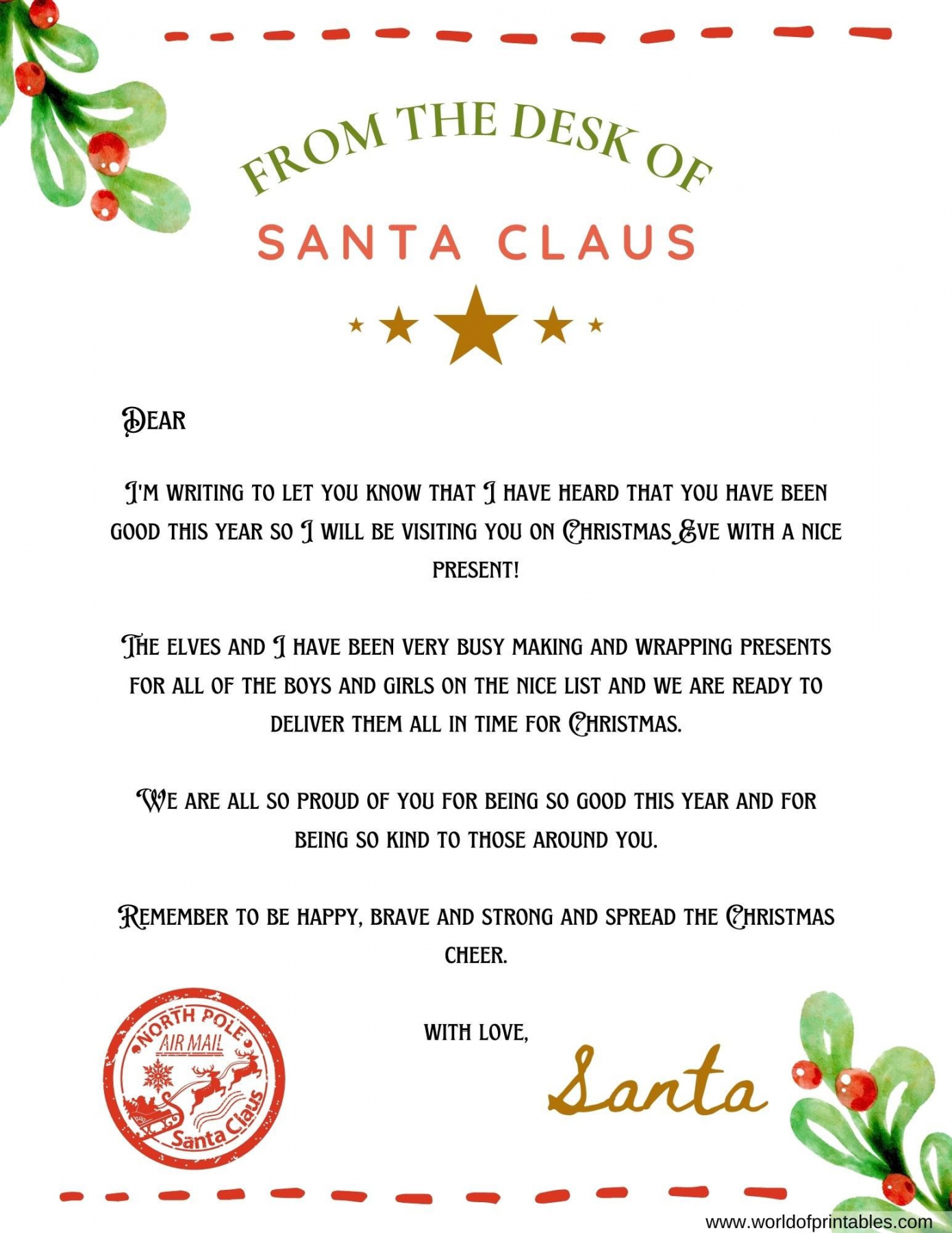 Letter From Santa Free Printable - Printable -  Best Free Letter From Santa Templates - World of Printables