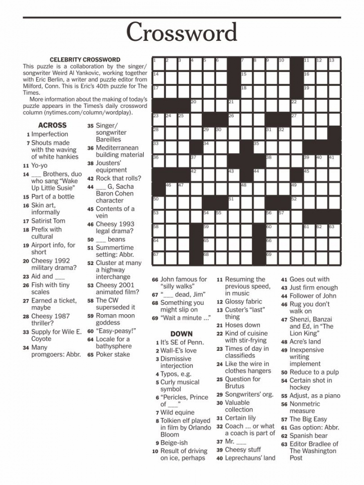 Free Daily Printable Crossword Puzzle - Printable -  Best Free Printable Entertainment Crossword Puzzles