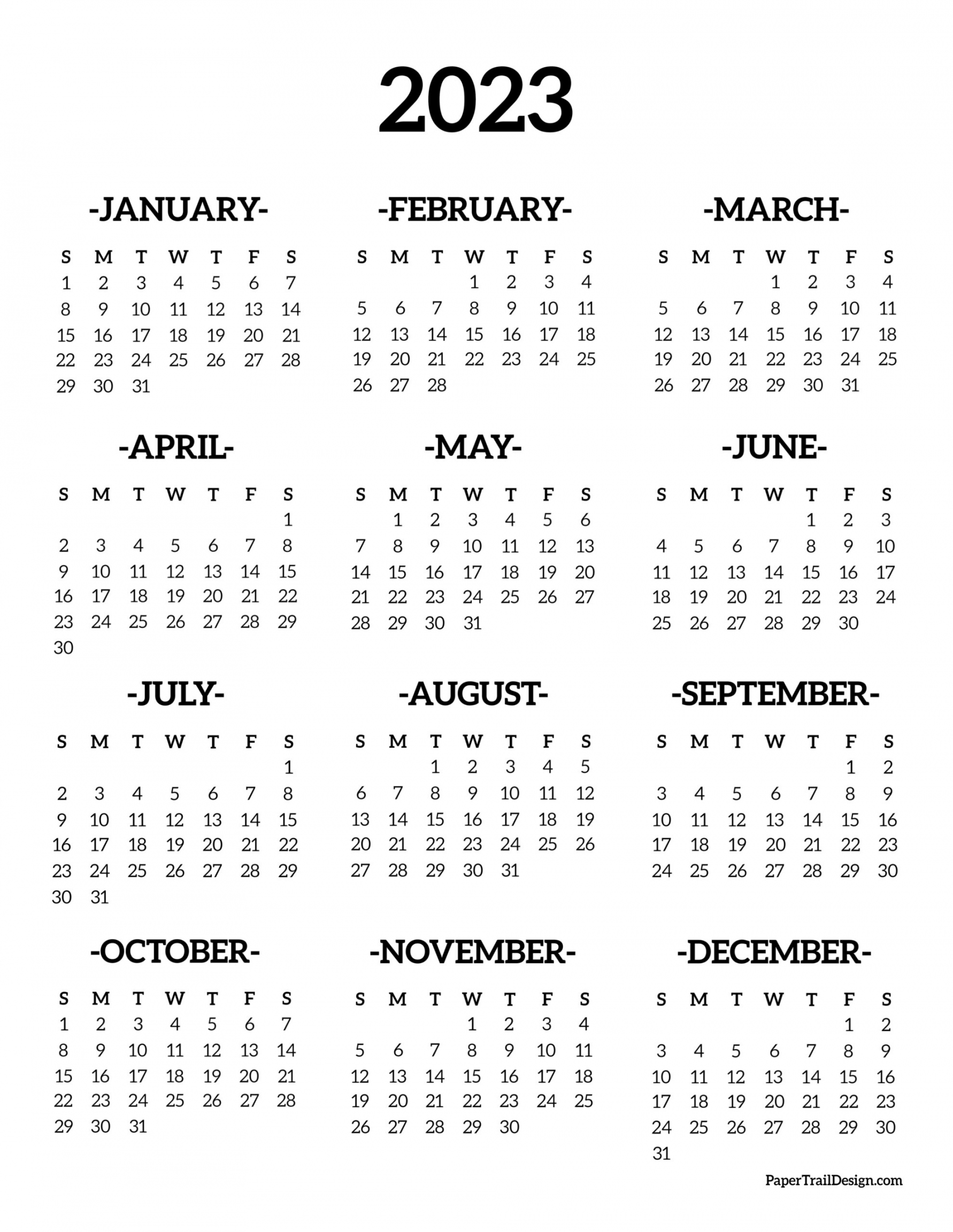 Free Printable Yearly Calendar 2023 - Printable - Calendar  Printable One Page - Paper Trail Design