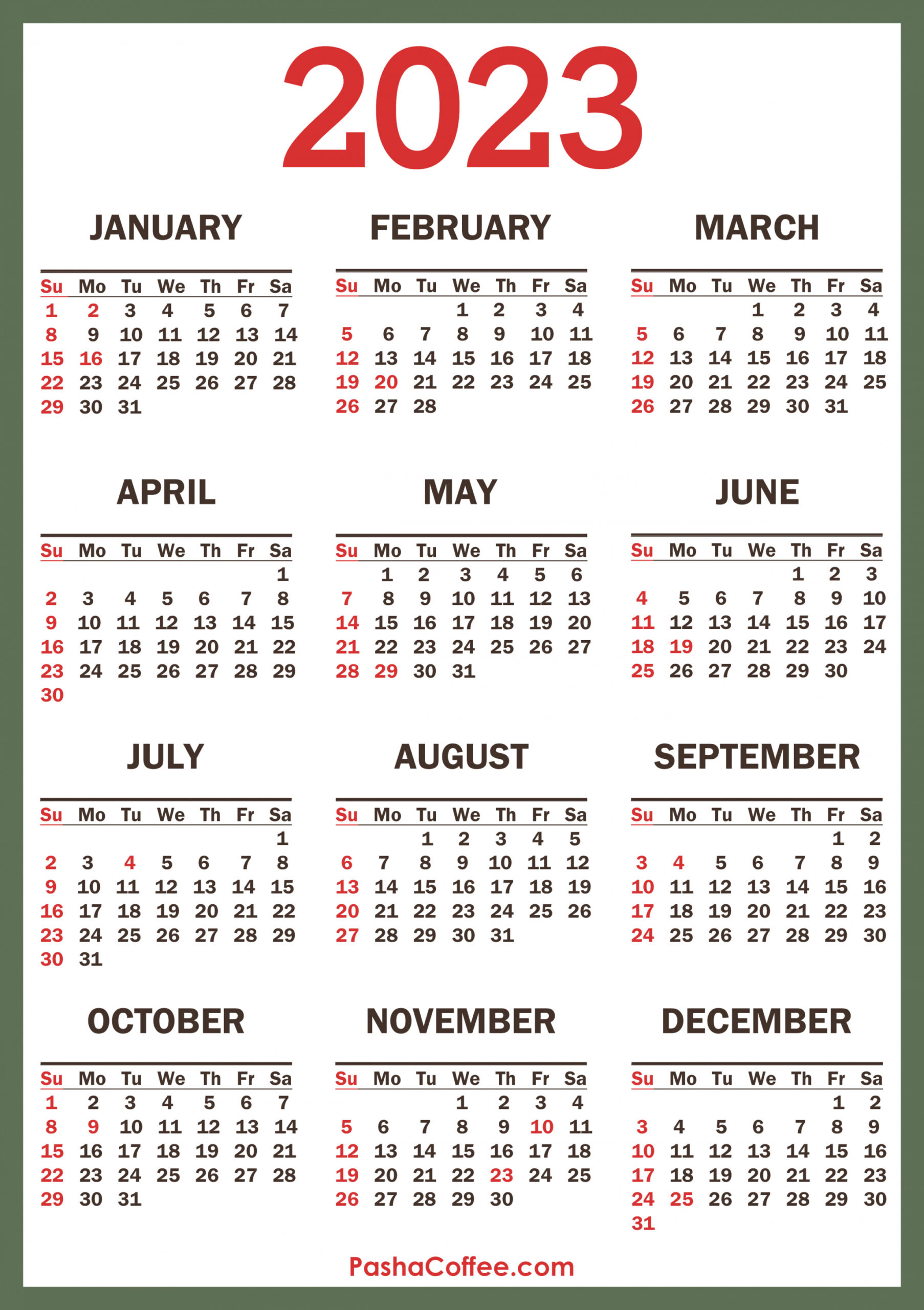 Free Printable 2023 Monthly Calendar With Holidays - Printable -  Calendar with Holidays, Printable Free, Vertical, Green