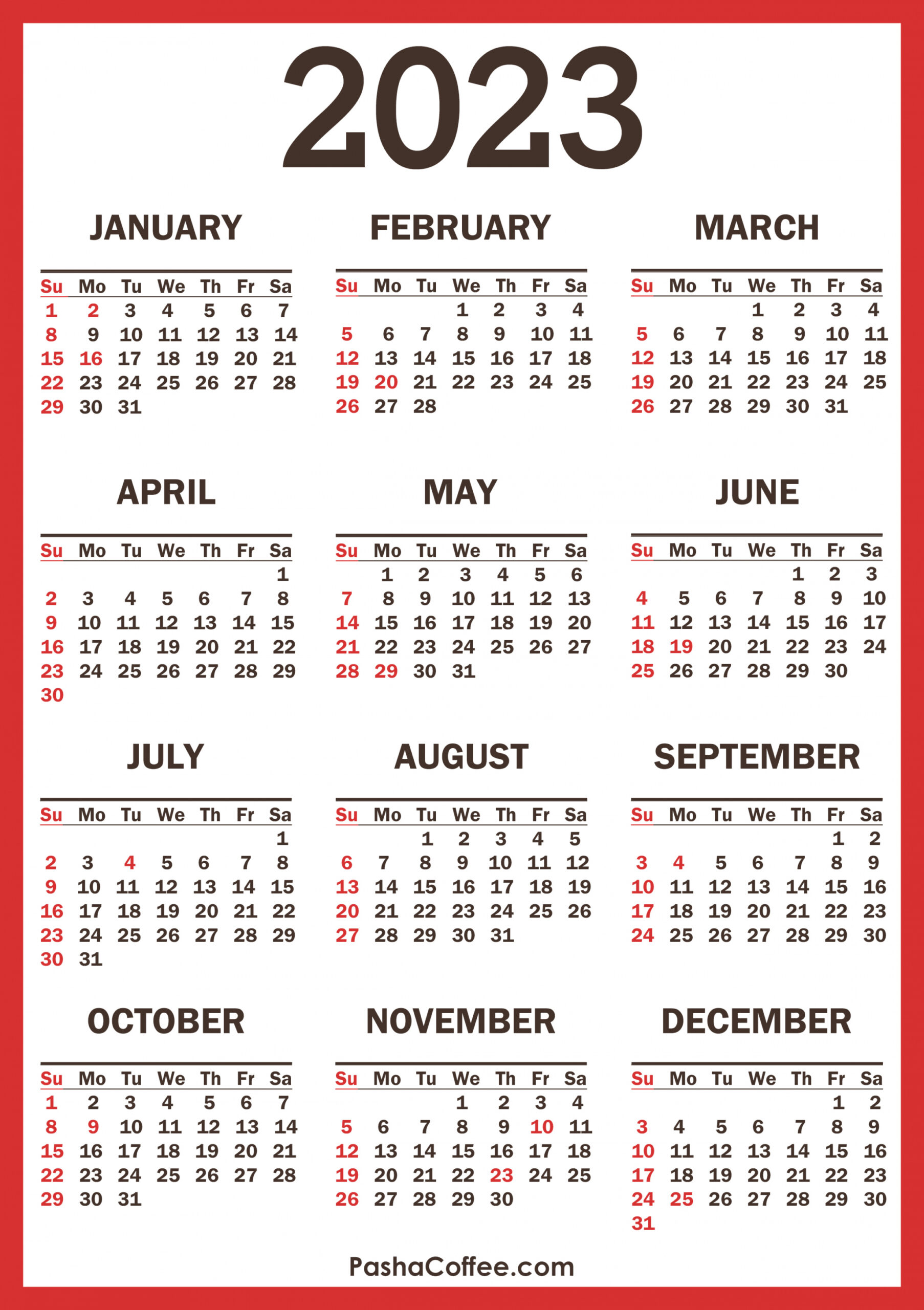 Free Printable 2023 Yearly Calendar With Holidays - Printable -  Calendar with Holidays, Printable Free, Vertical, Red