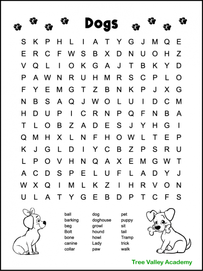 Free Printable Word Searches For Kids - Printable - Dog Themed Word Search for Kids - Tree Valley Academy