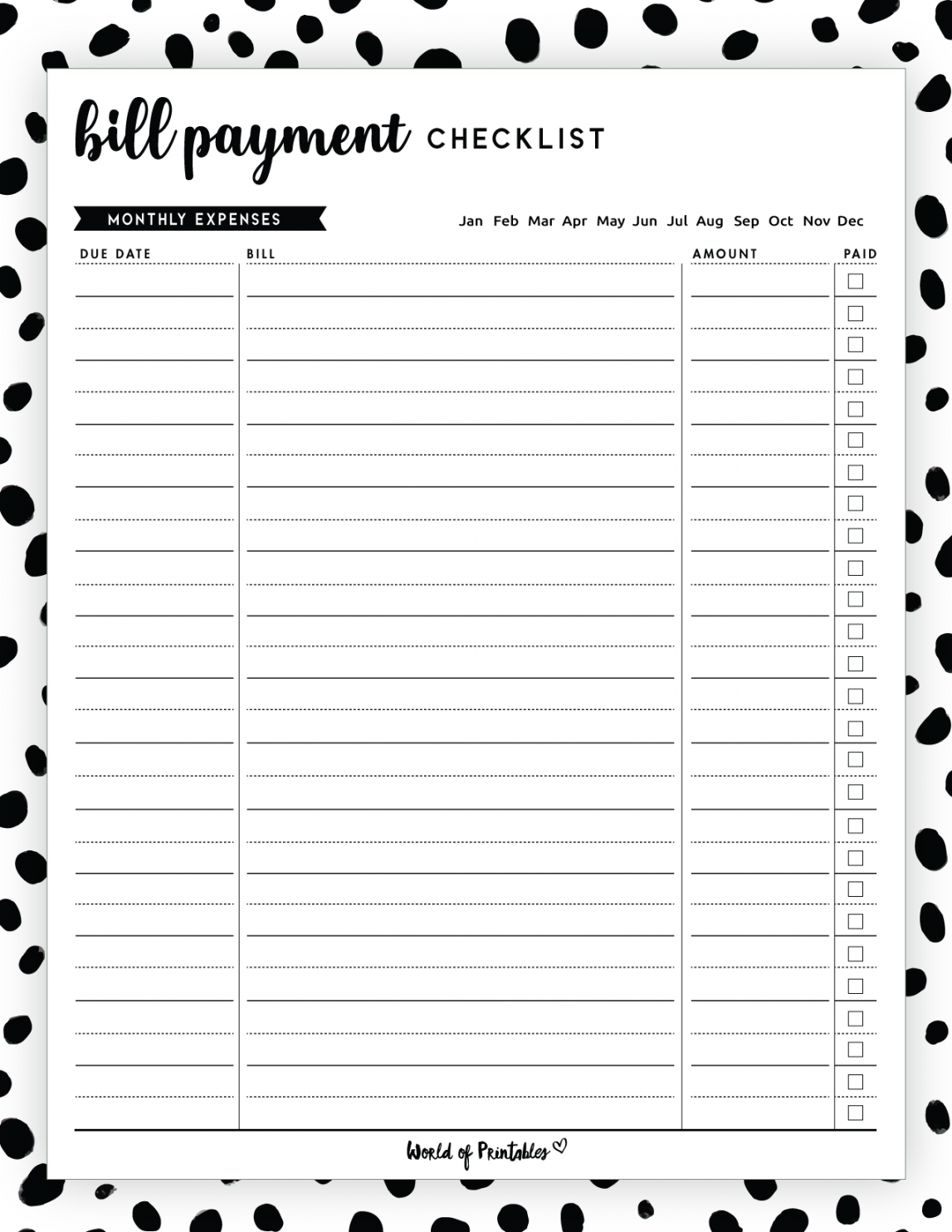 Free Printable Monthly Bill Payment Log - Printable - Free Bill Payment Checklist PDF - World of Printables