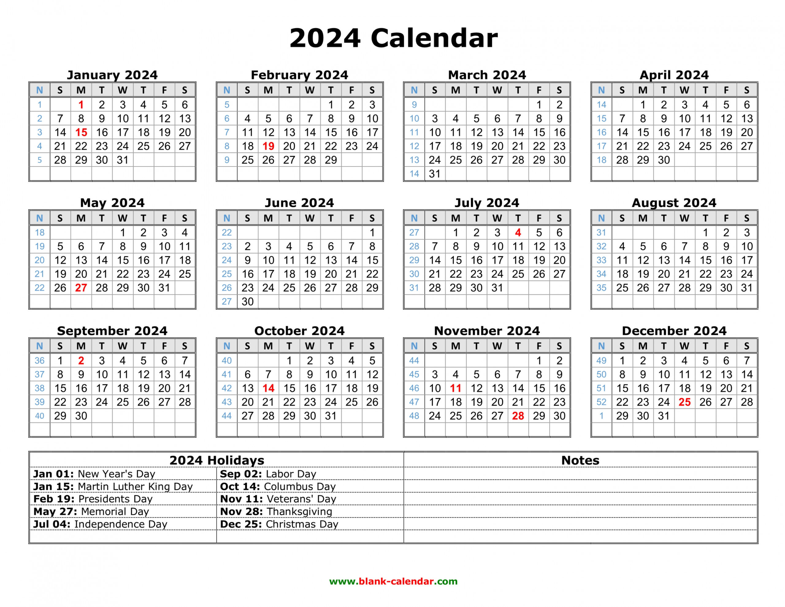 Free Printable Calendar 2024 - Printable - Free Download Printable Calendar  with US Federal Holidays