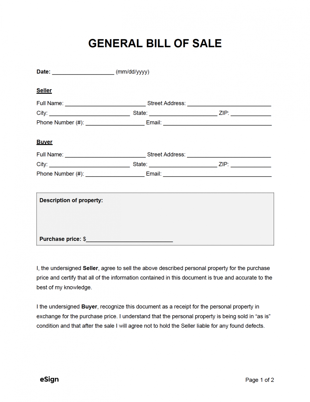 Bill of Sale Free Printable - Printable - Free General Bill of Sale Form  PDF  Word