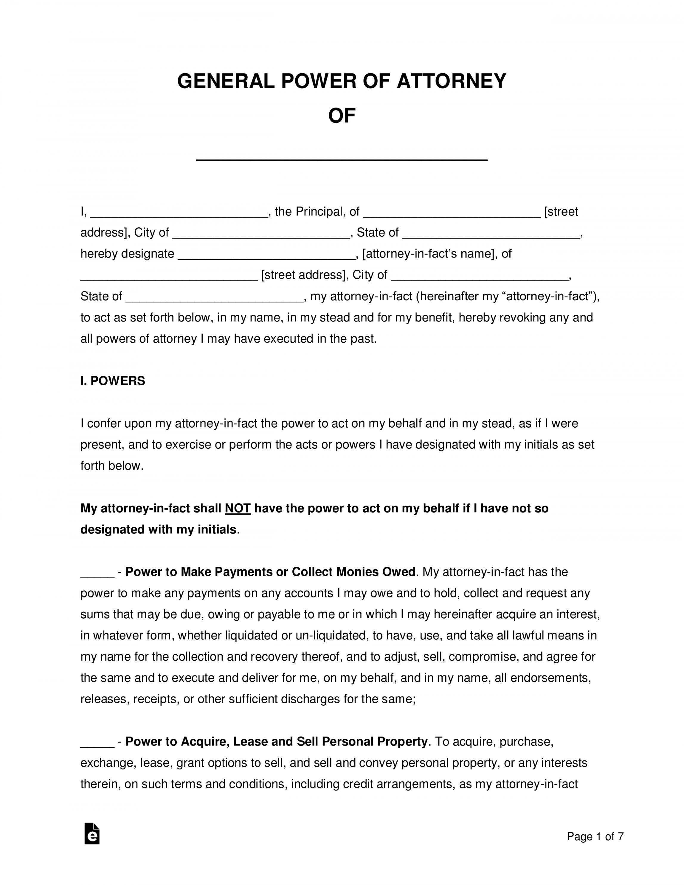Free Printable Power of Attorney - Printable - Free General (Financial) Power of Attorney Form  Non-Durable