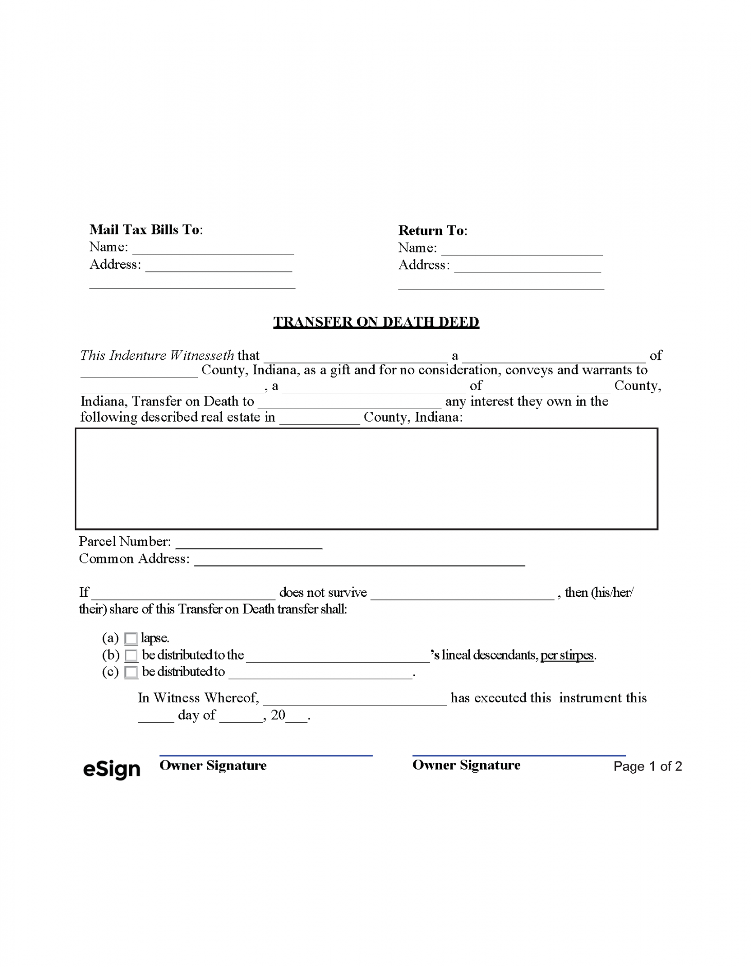 Free Printable Transfer On Death Deed Form - Printable - Free Indiana Transfer on Death Deed Form  PDF