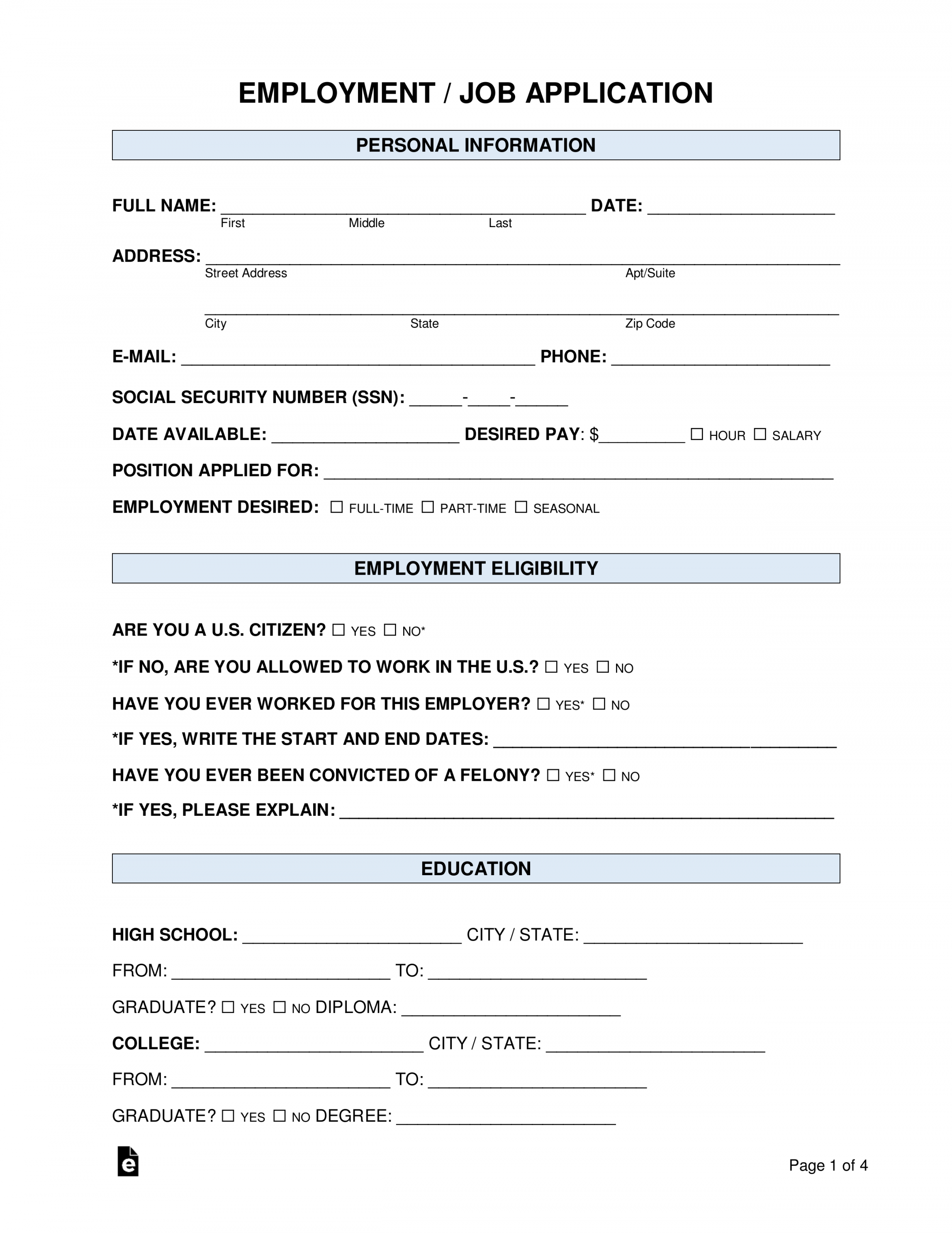 Application For Employment Form Free Printable - Printable - Free Job Application Form - Standard Template - PDF  Word – eForms