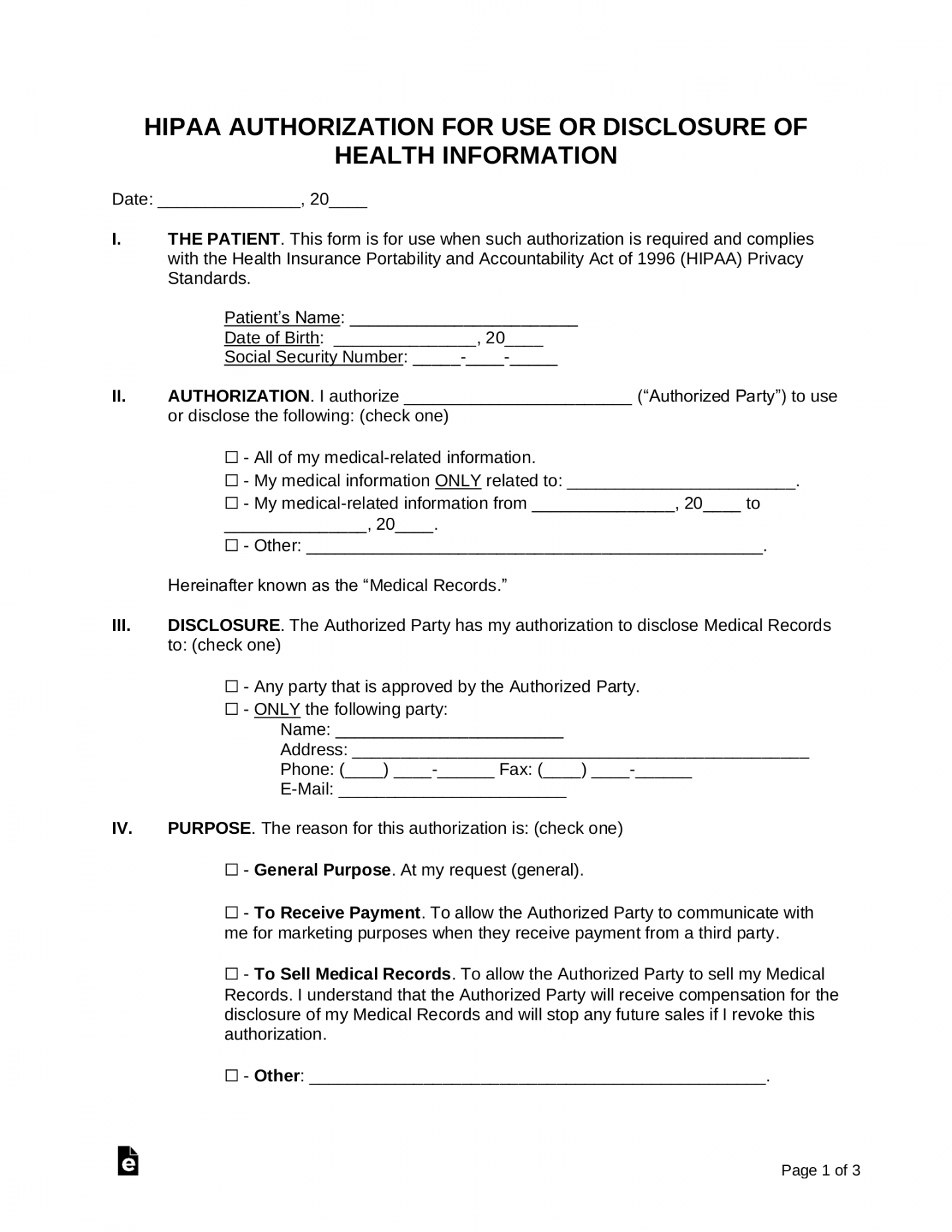Free Printable Hipaa Forms - Printable - Free Medical Records Release Authorization Form  HIPAA - PDF
