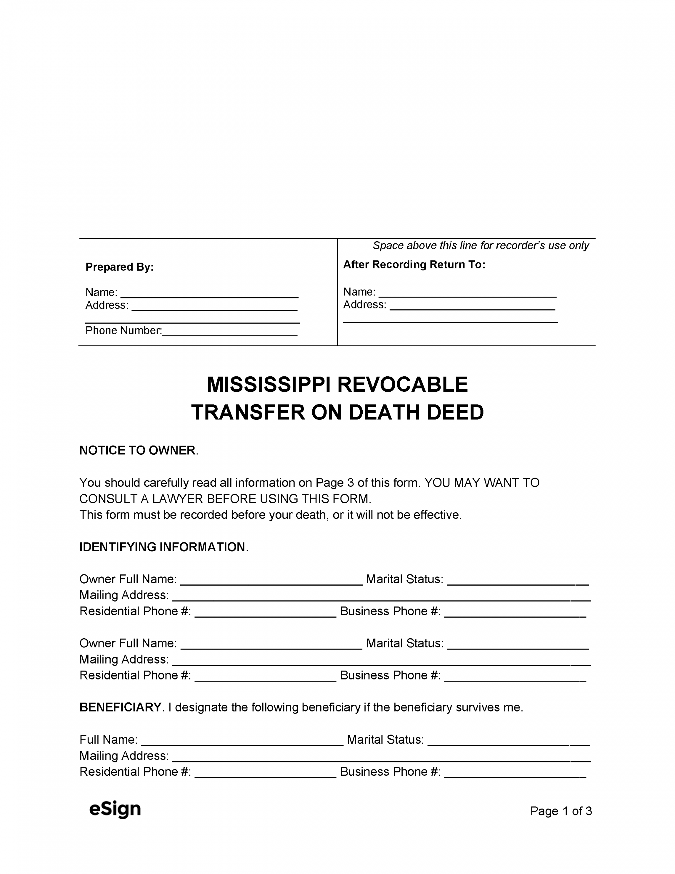 Free Printable Transfer On Death Deed Form - Printable - Free Mississippi Transfer on Death Deed Form  PDF  Word