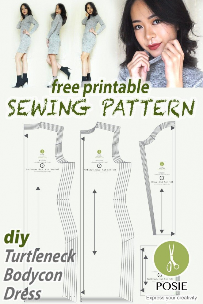 Free Printable Dress Patterns - Printable - Free pdf sewing pattern at my blog! DIY turtleneck bodycon dress
