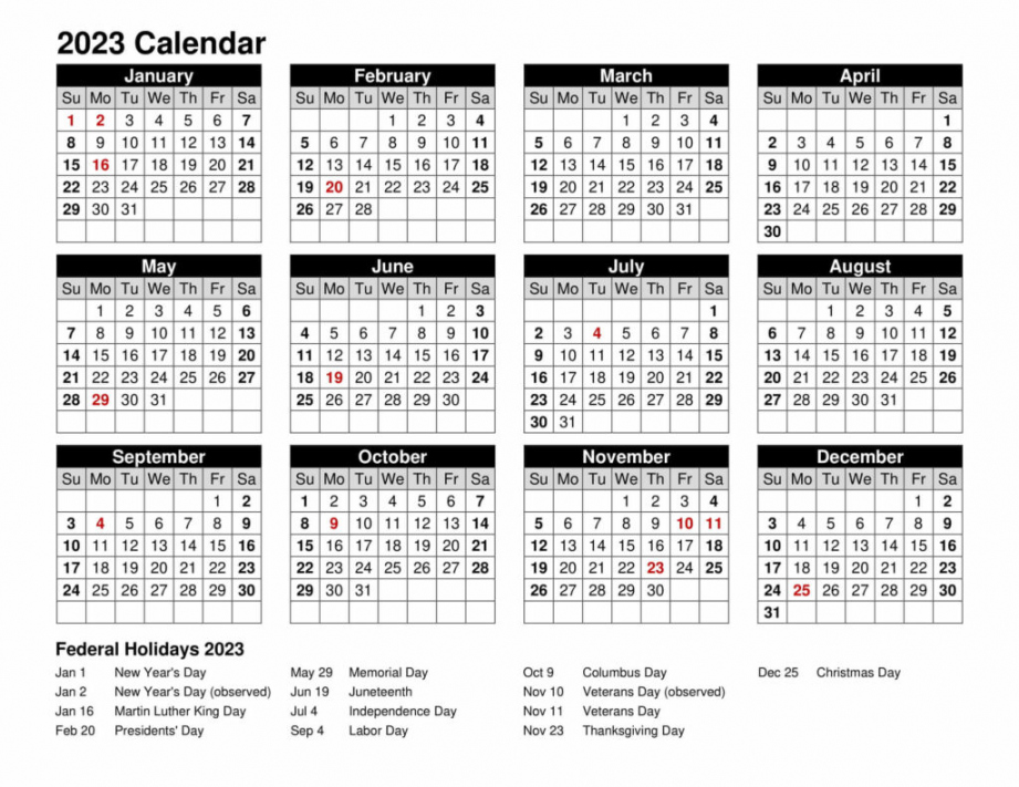 Free Printable 2023 Yearly Calendar With Holidays - Printable - Free Printable  Calendar with Holidays - CalendarKart