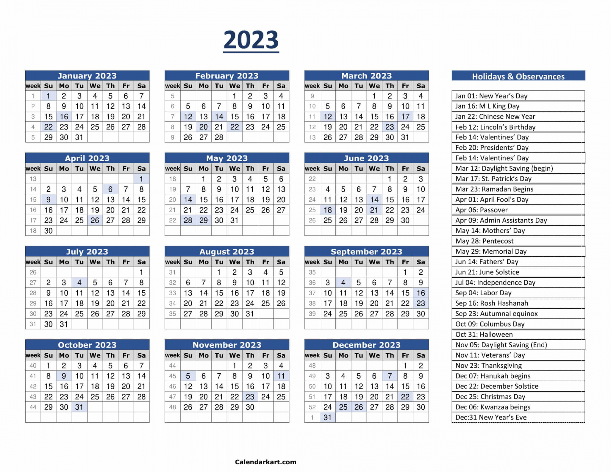 Free Printable 2023 Calendar With Holidays - Printable - Free Printable  Calendar with Holidays - CalendarKart