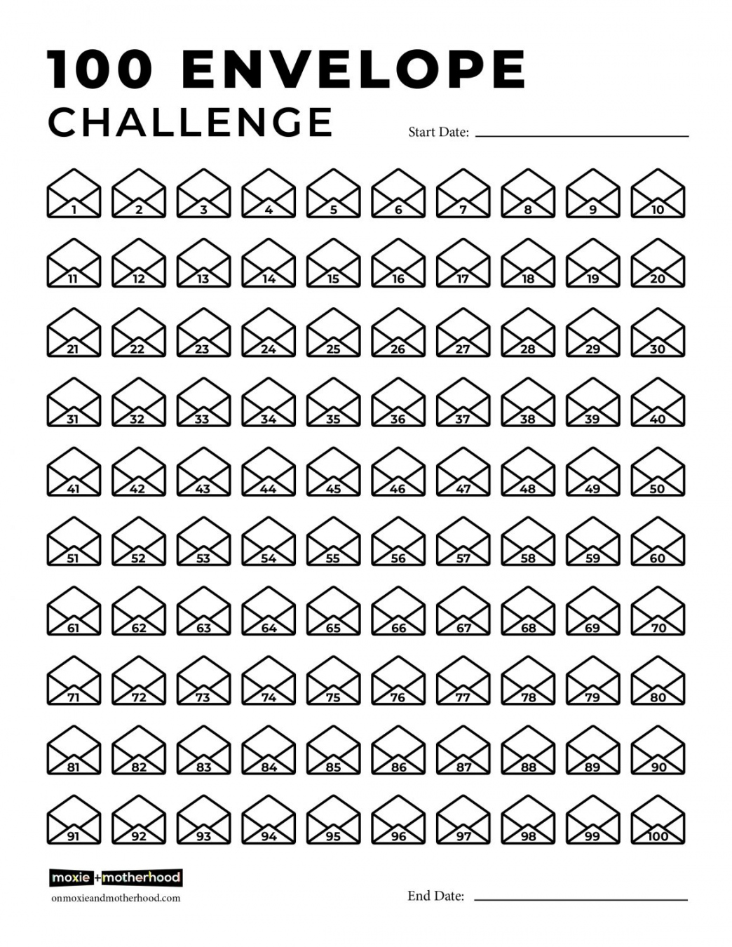 Free Printable 100 Envelope Challenge - Printable - Free Printable  Envelope Challenge Chart - On Moxie and Motherhood