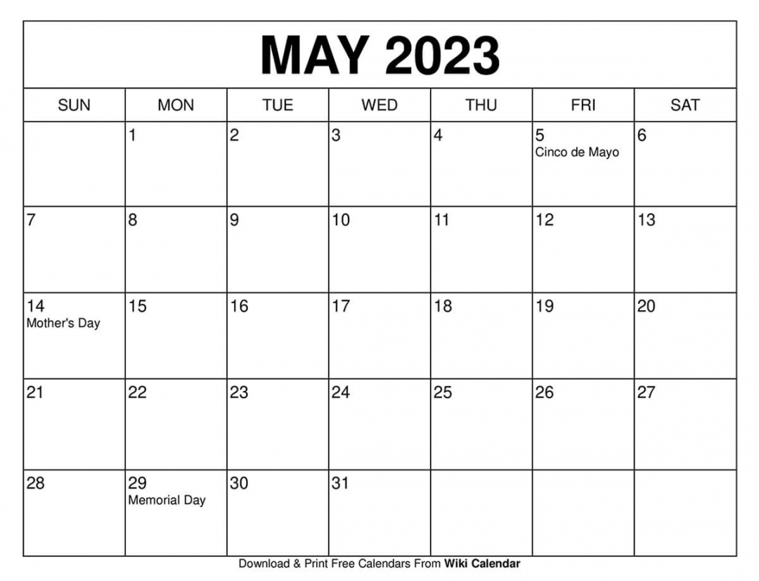 Free Printable Calendar May 2023 - Printable - Free Printable May  Calendar Templates With Holidays