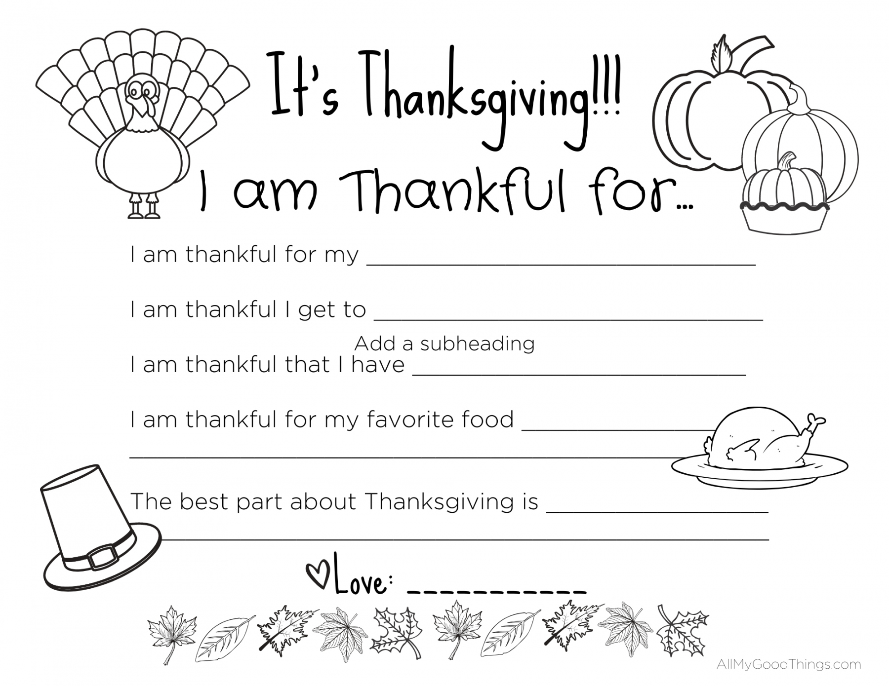 I Am Thankful For Free Printable - Printable - FREE Printable Thanksgiving Placemats for the Kids - All My Good