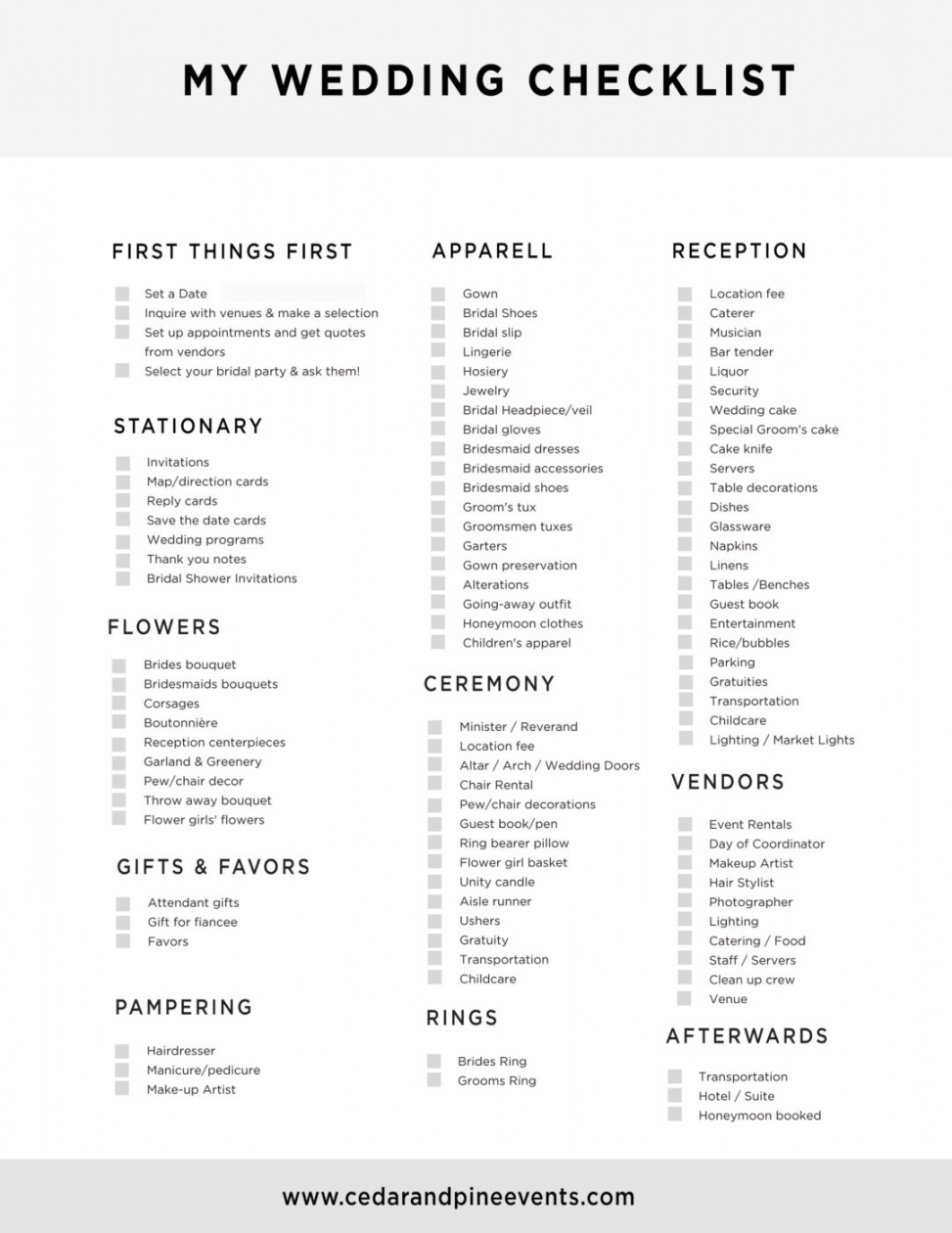 Free Printable Wedding Planning Checklist - Printable - Free Printable Wedding Planning Check List - Cedar And Pine Events
