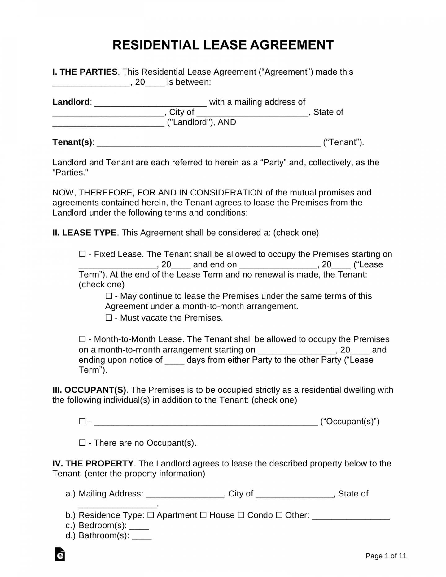 Lease Agreement Free Printable - Printable - Free Rental / Lease Agreement Templates () - PDF  Word – eForms