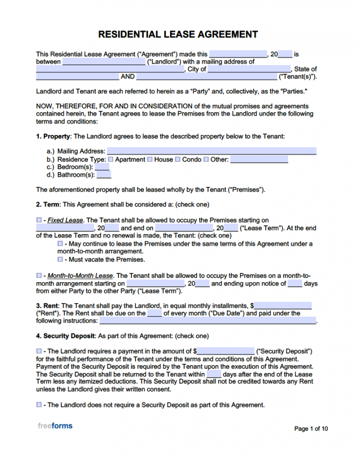 Printable Free Lease Agreement - Printable - Free Rental / Lease Agreement Templates  PDF  WORD