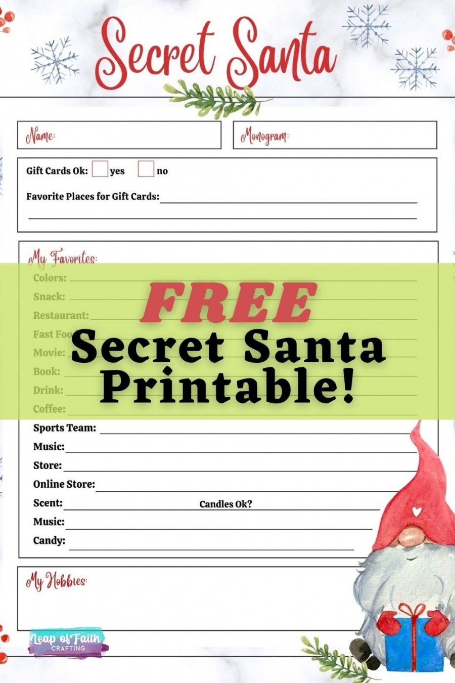 Free Printable Secret Santa Questions - Printable - FREE Secret Santa List Printable Questionnaire:  Options! - Leap