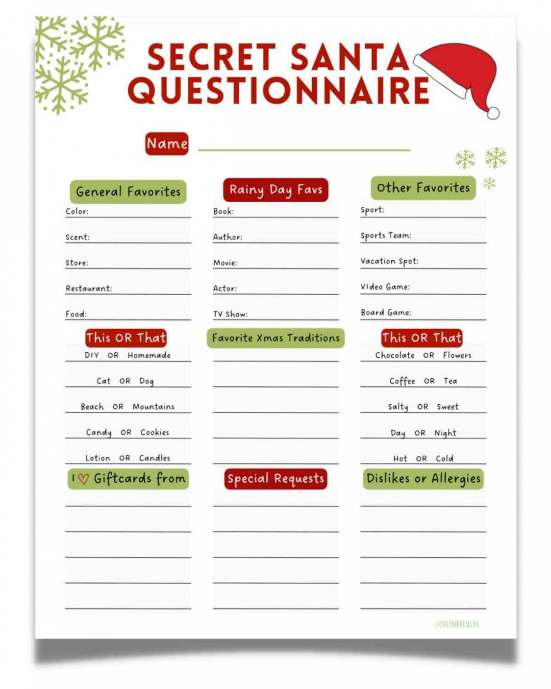 Free Printable Secret Santa Template - Printable - FREE Secret Santa Questionnaire Printable Templates ⋆ Love Our