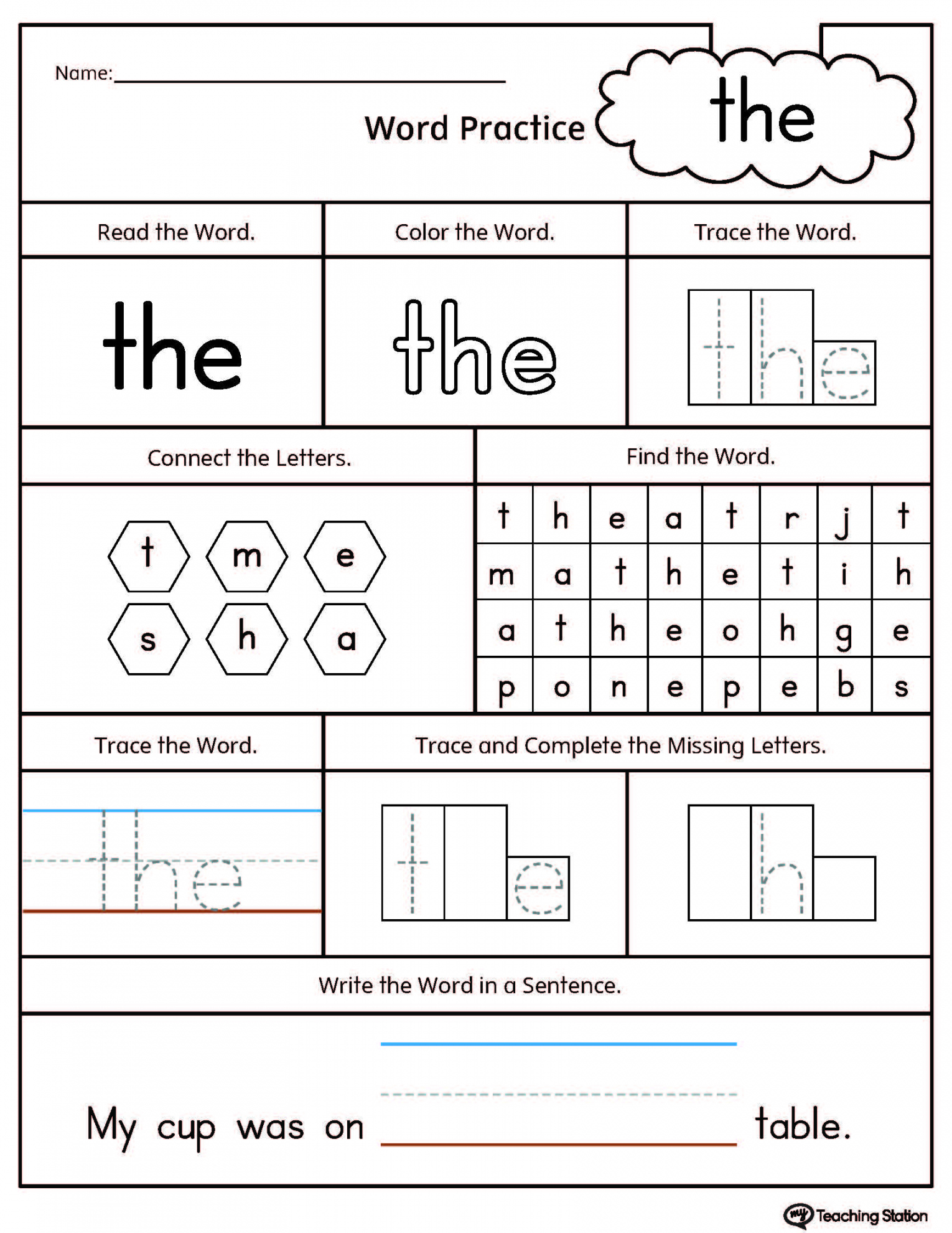 Free Printable Kindergarten Sight Words - Printable - FREE* Sight Word the Printable Worksheet  MyTeachingStation