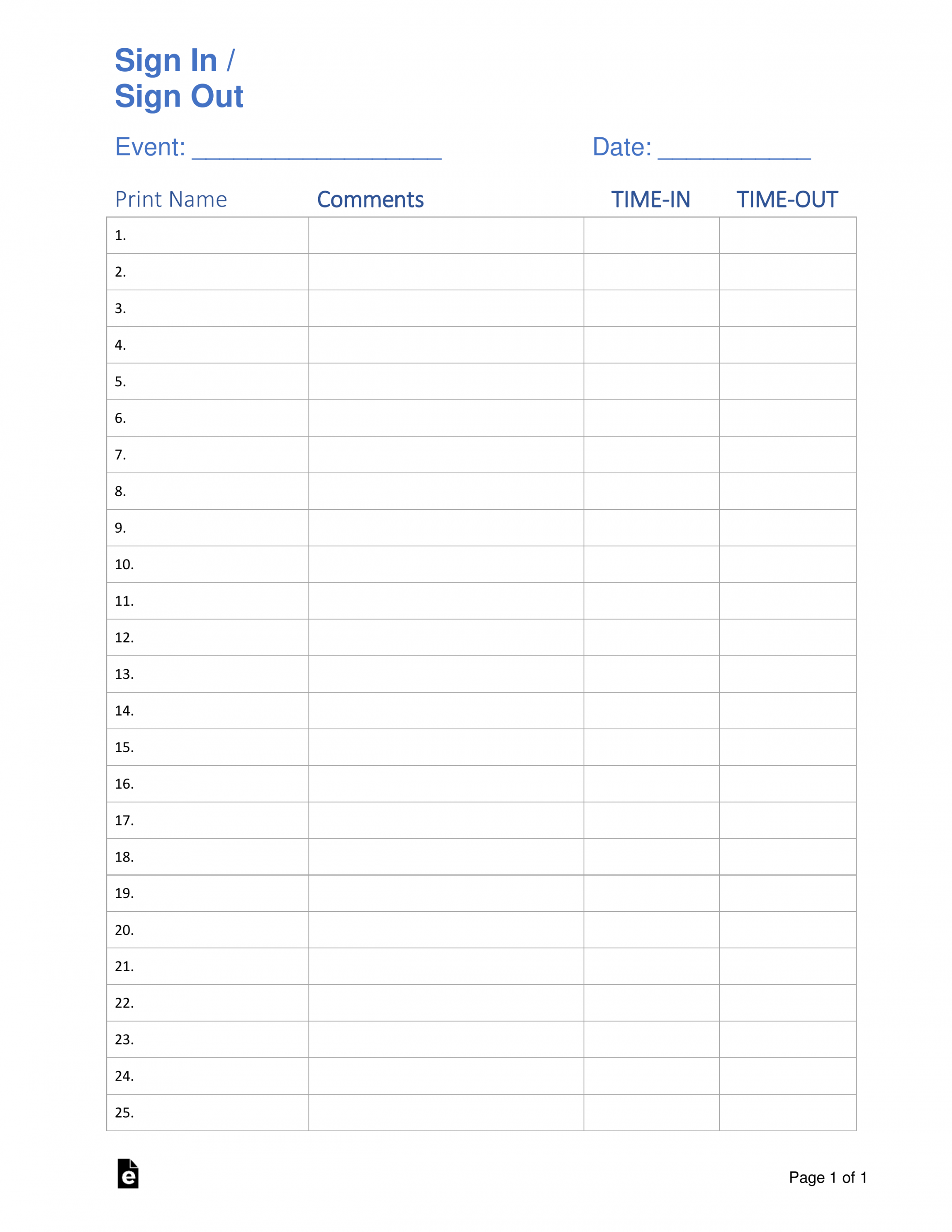 Free Printable Sign In Sheet - Printable - Free Sign in / Sign up Sheet Templates - PDF  Word – eForms