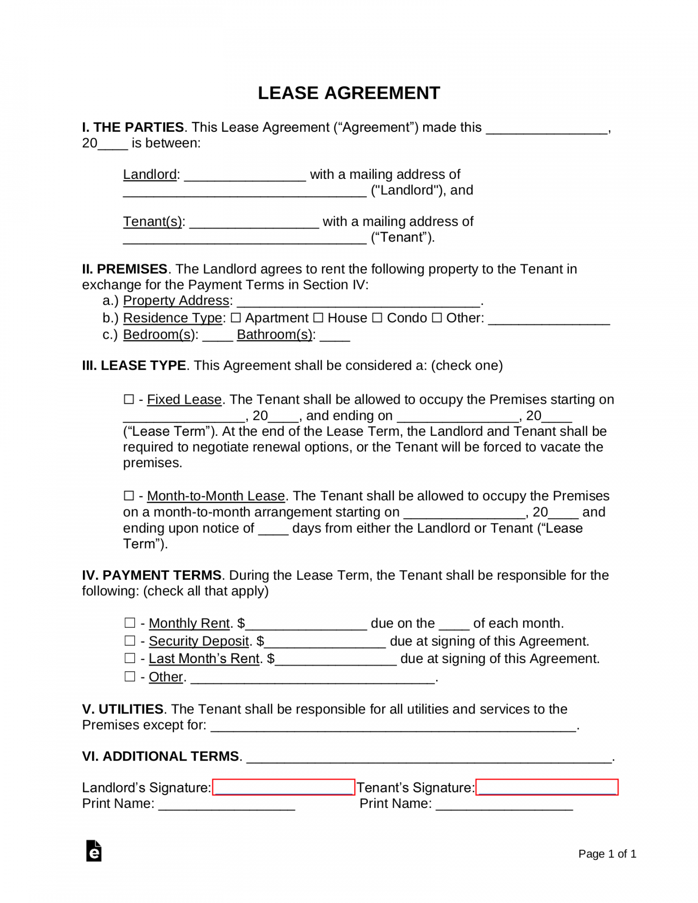 Free Printable Lease Agreement - Printable - Free Simple -Page Lease Agreement Template  Sample - PDF  Word