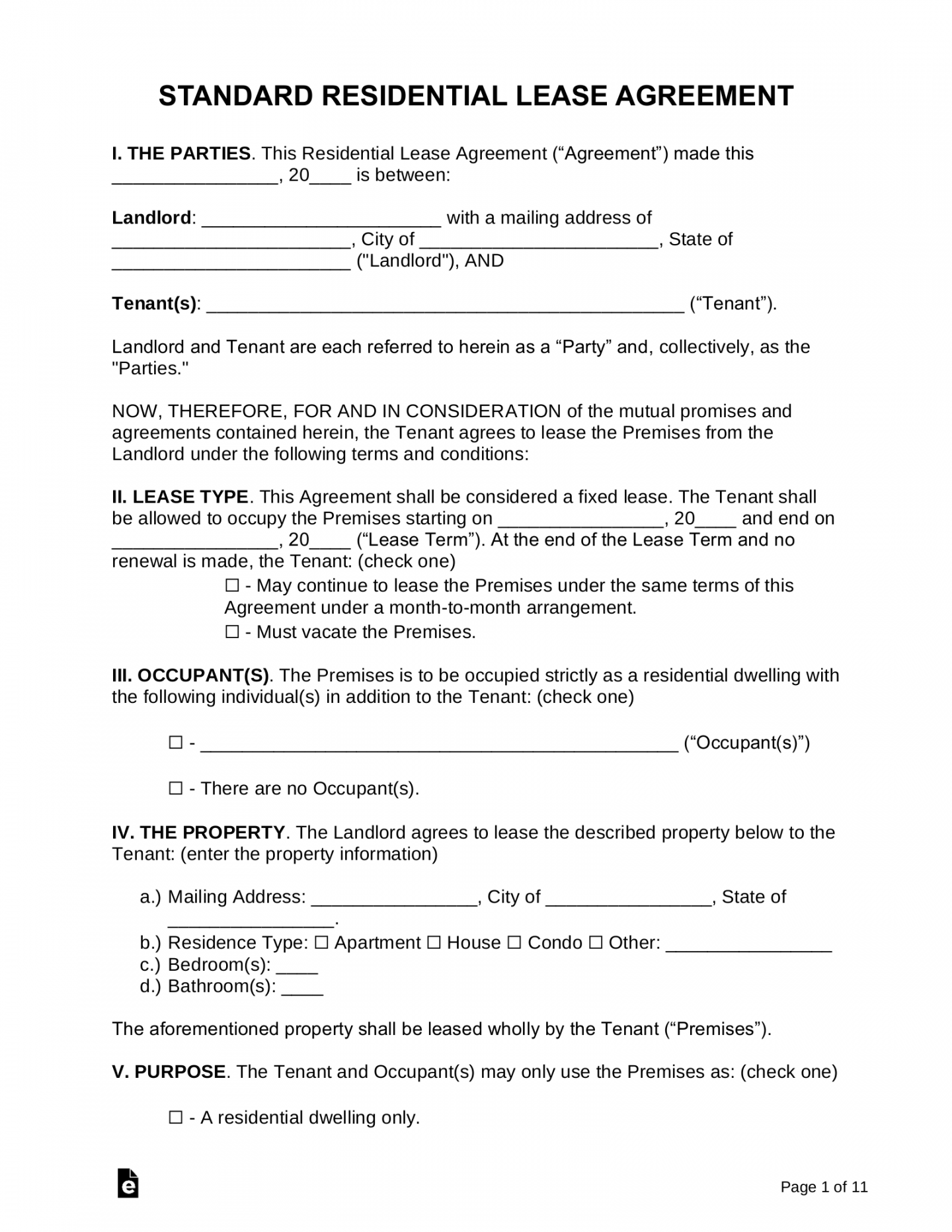 Free Printable Basic Rental Agreement Fillable - Printable - Free Standard Residential Lease Agreement Template - PDF  Word
