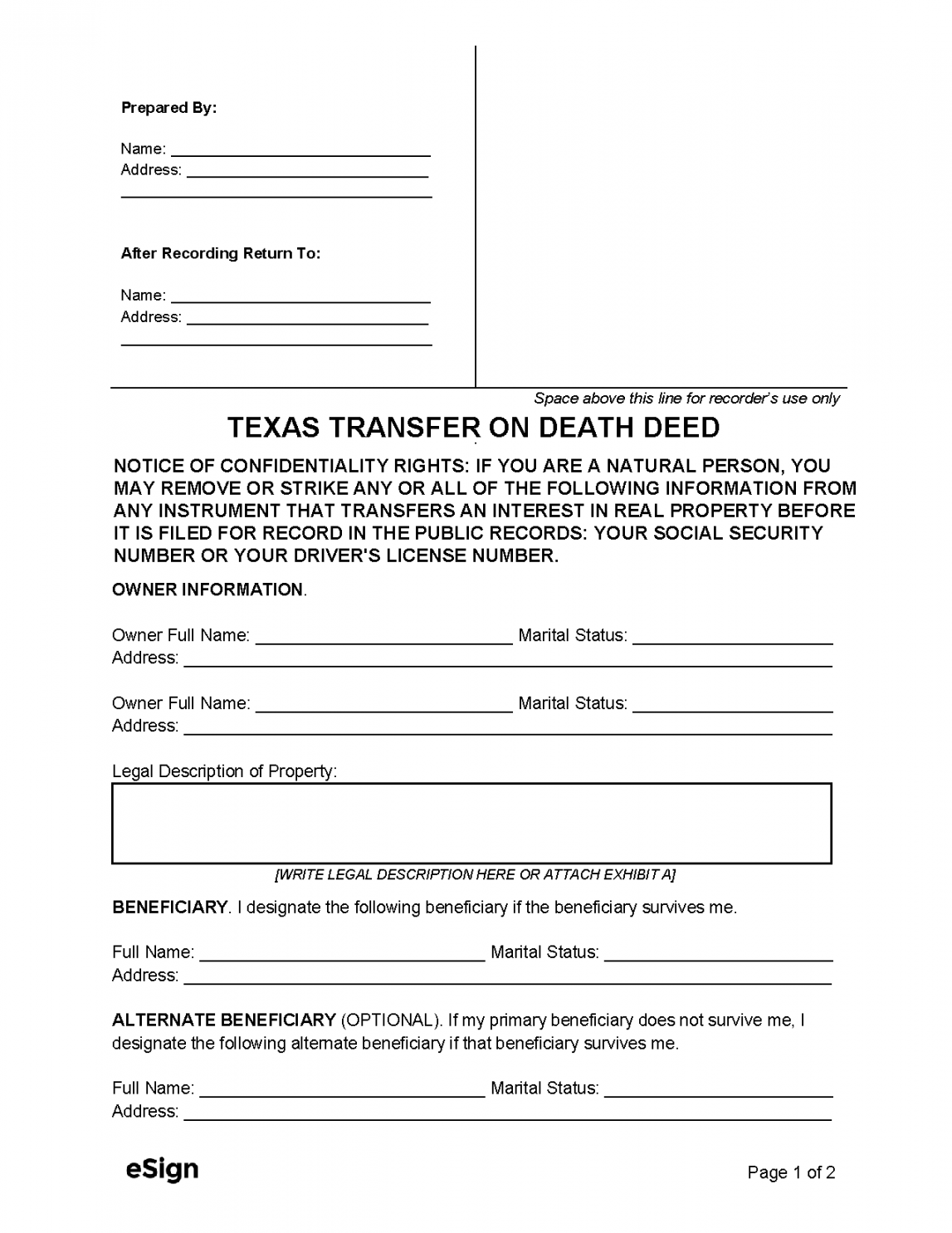 Free Printable Transfer On Death Deed Form - Printable - Free Texas Transfer on Death Deed Form  PDF  Word