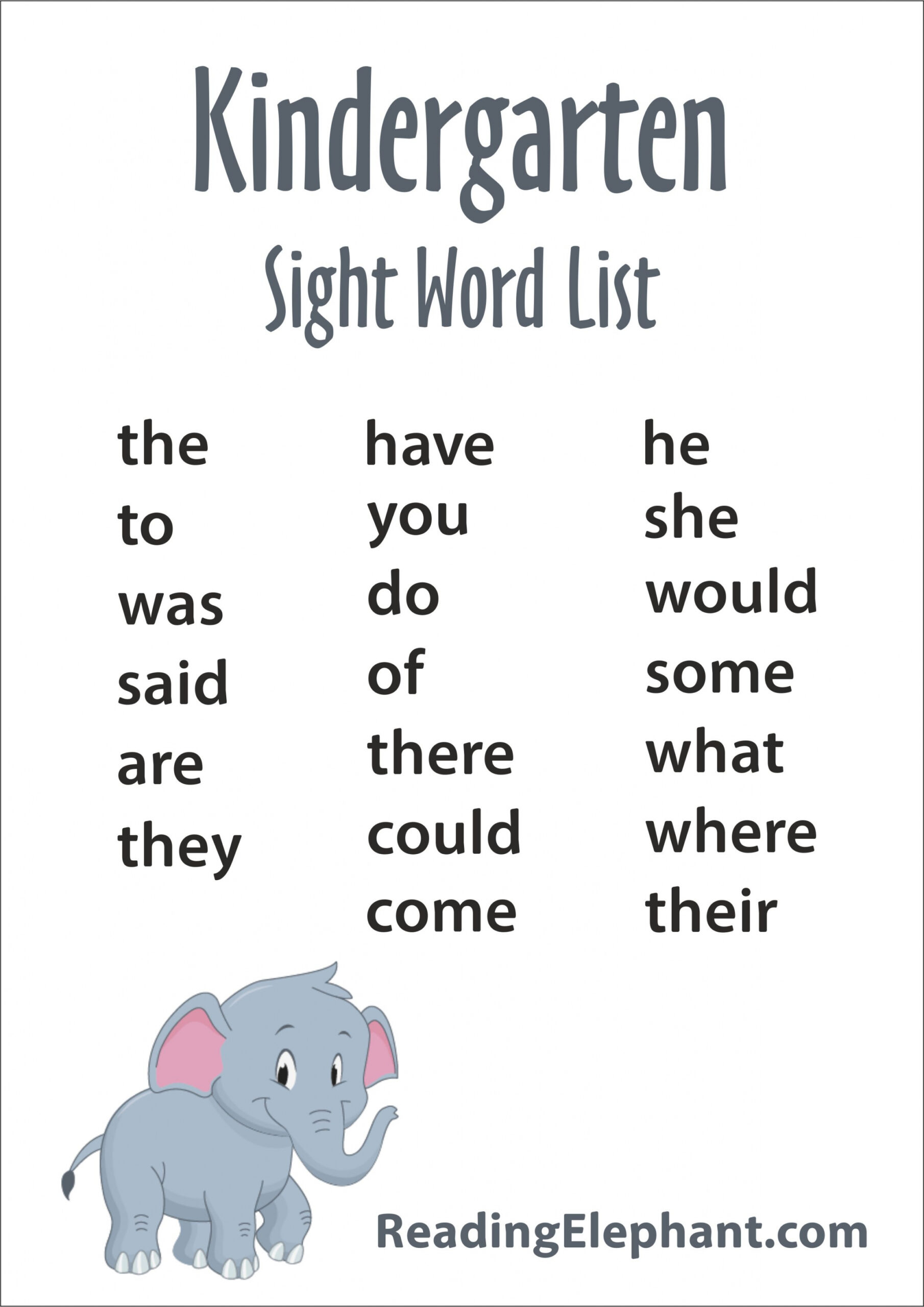 Free Printable Kindergarten Sight Words - Printable - Kindergarten Sight Words - FREE Printable - Reading Elephant