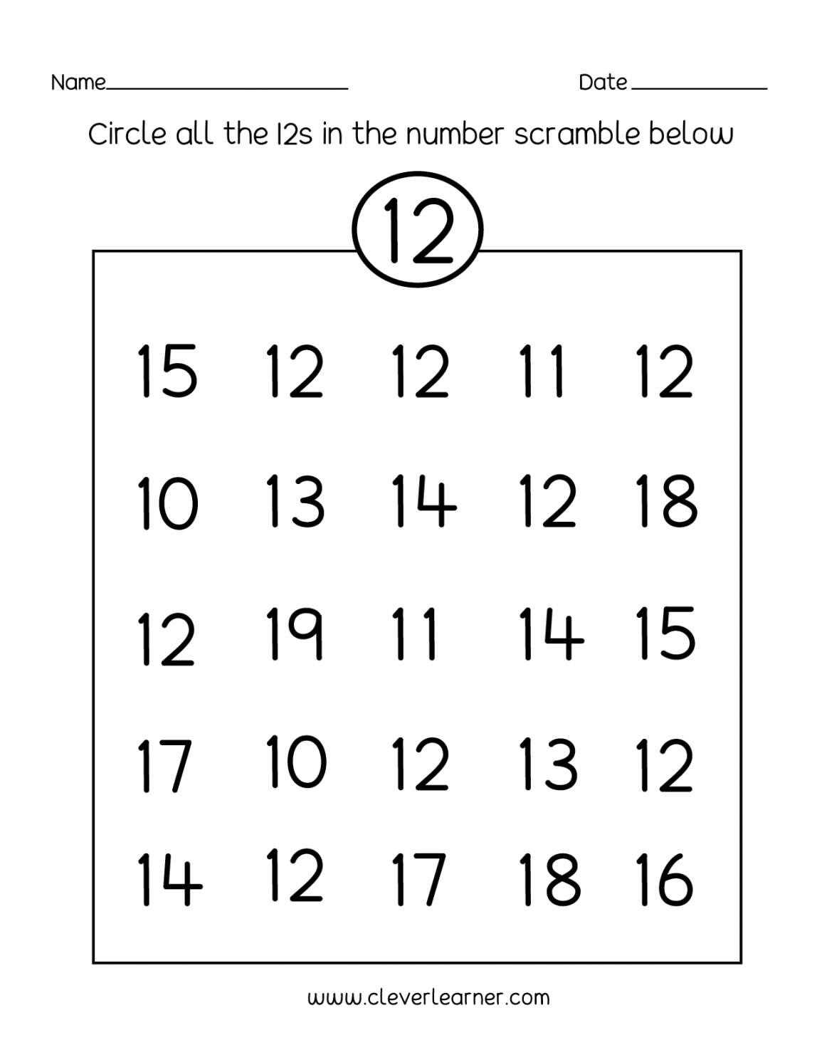 K 12 Free Printable Worksheets - Printable - Number twelve writing, counting and identification printable