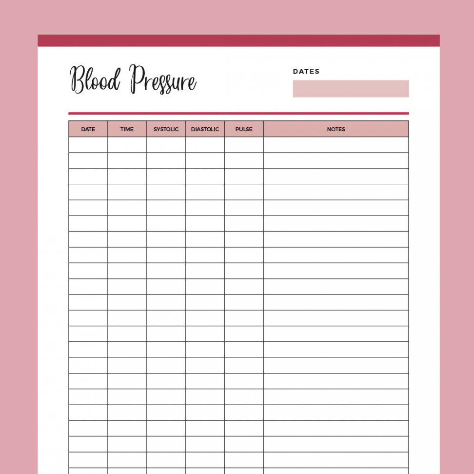 Free Printable Blood Pressure And Pulse Log - Printable - Printable Blood Pressure Chart  FREE Download  US Letter & A