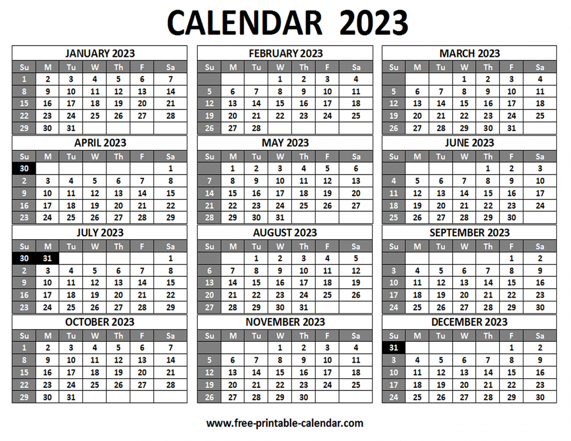 Free Printable Yearly Calendar 2023 - Printable - Printable  Calendar - Free-printable-calendar