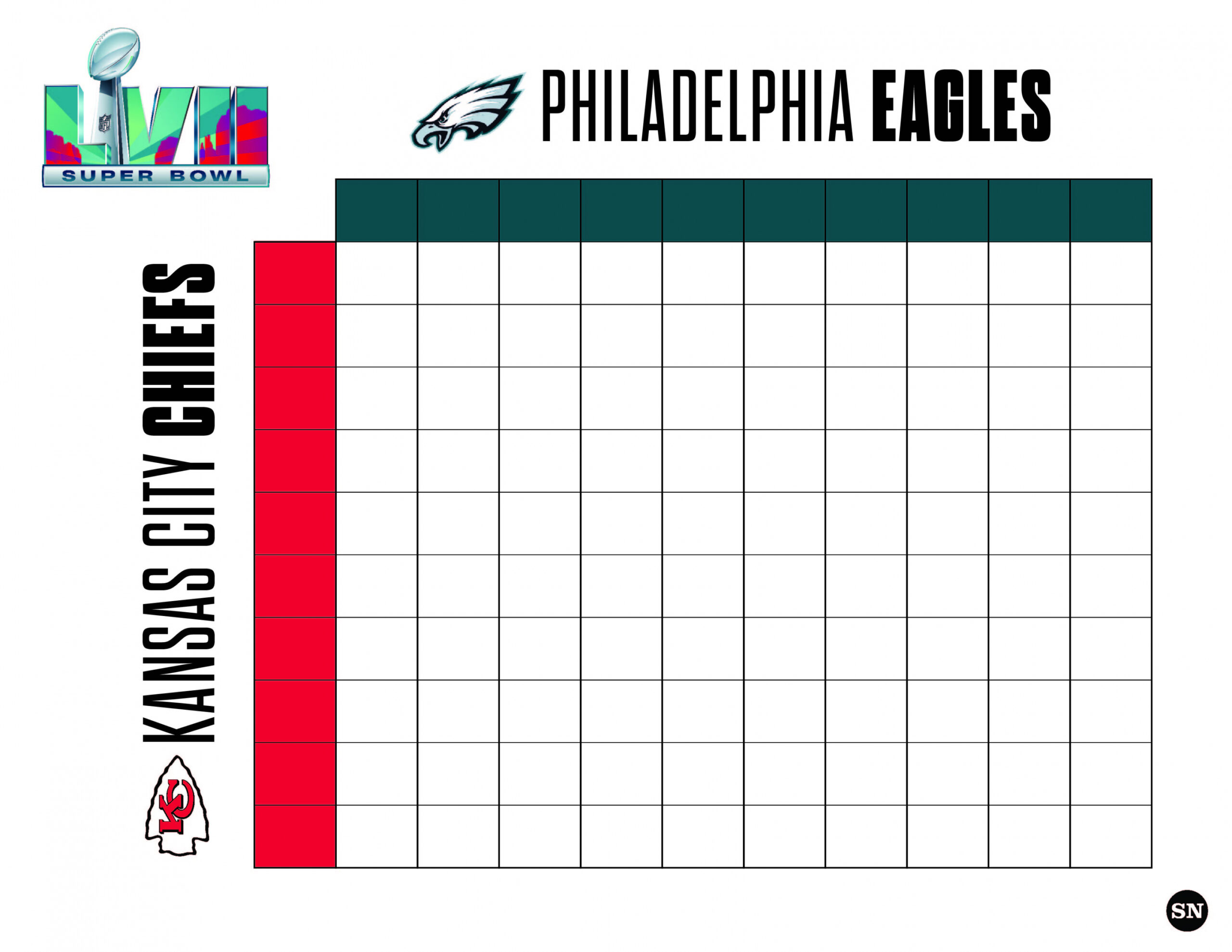 Free Printable Super Bowl Squares 2023 - Printable - Printable Super Bowl squares grid for Eagles vs