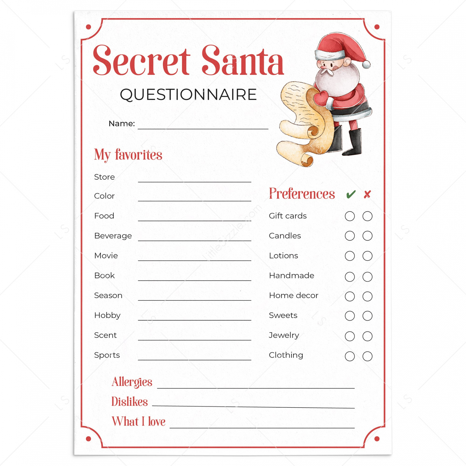 Free Printable Secret Santa Template - Printable - Secret Santa Questionnaire for Gift Exchange Printable