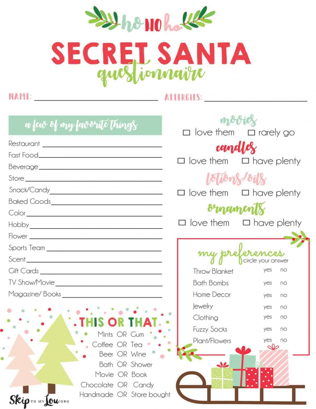 Free Printable Secret Santa Questions - Printable - Secret Santa Questionnaire  Skip To My Lou