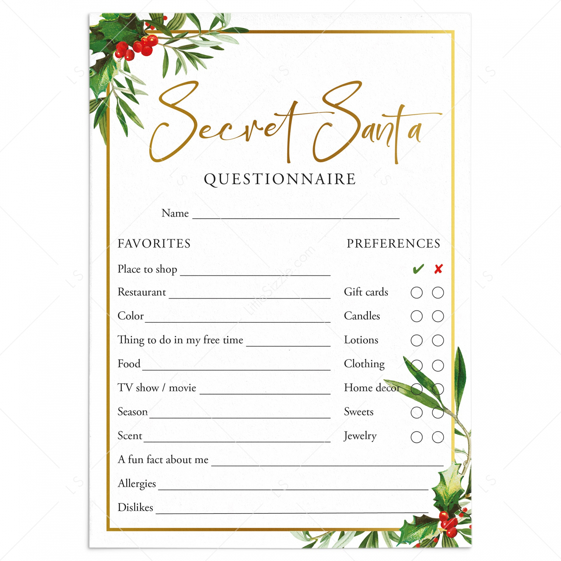 Free Printable Secret Santa Template - Printable - Secret Santa Questions Form for Adults Printable  Holiday Gift Exchange  Cards