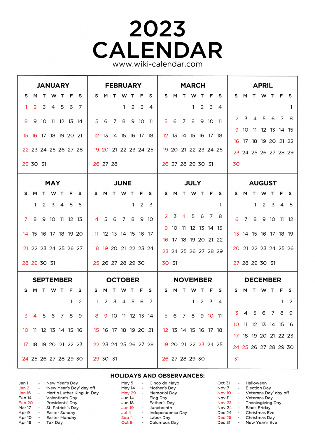 Free Printable 2023 Yearly Calendar With Holidays - Printable - Year  Calendar Printable with Holidays