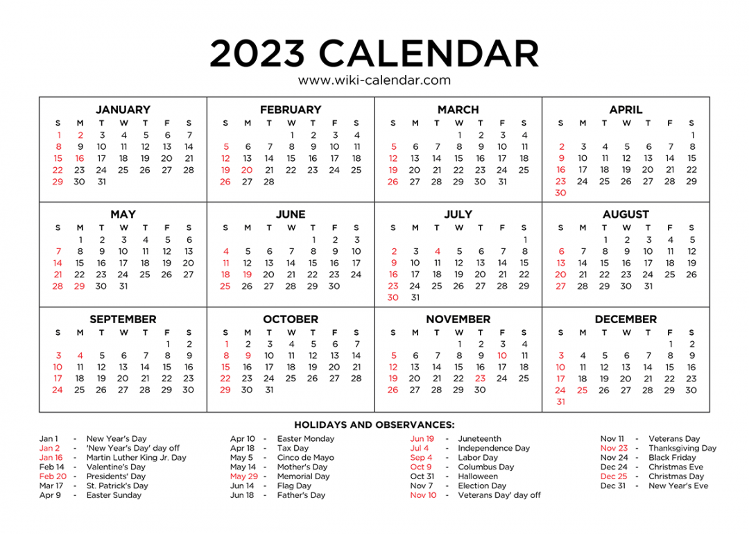 Free Printable 2023 Yearly Calendar With Holidays - Printable - Year  Calendar Printable with Holidays