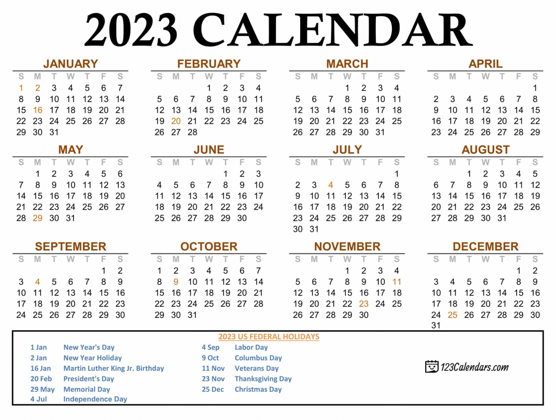 Free Printable Calendar 2023 With Holidays - Printable - Year  Calendar Templates  Calendars