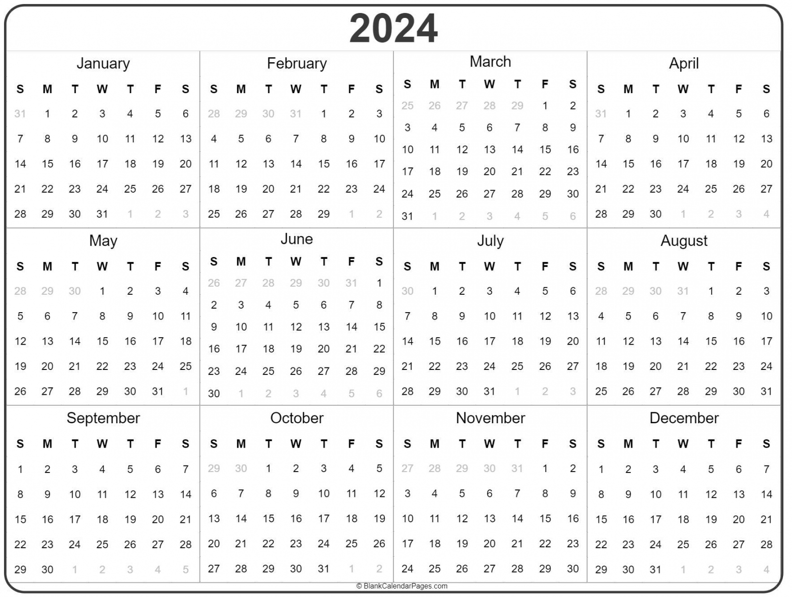 Free Printable Calendar 2024 - Printable -  year calendar  yearly printable