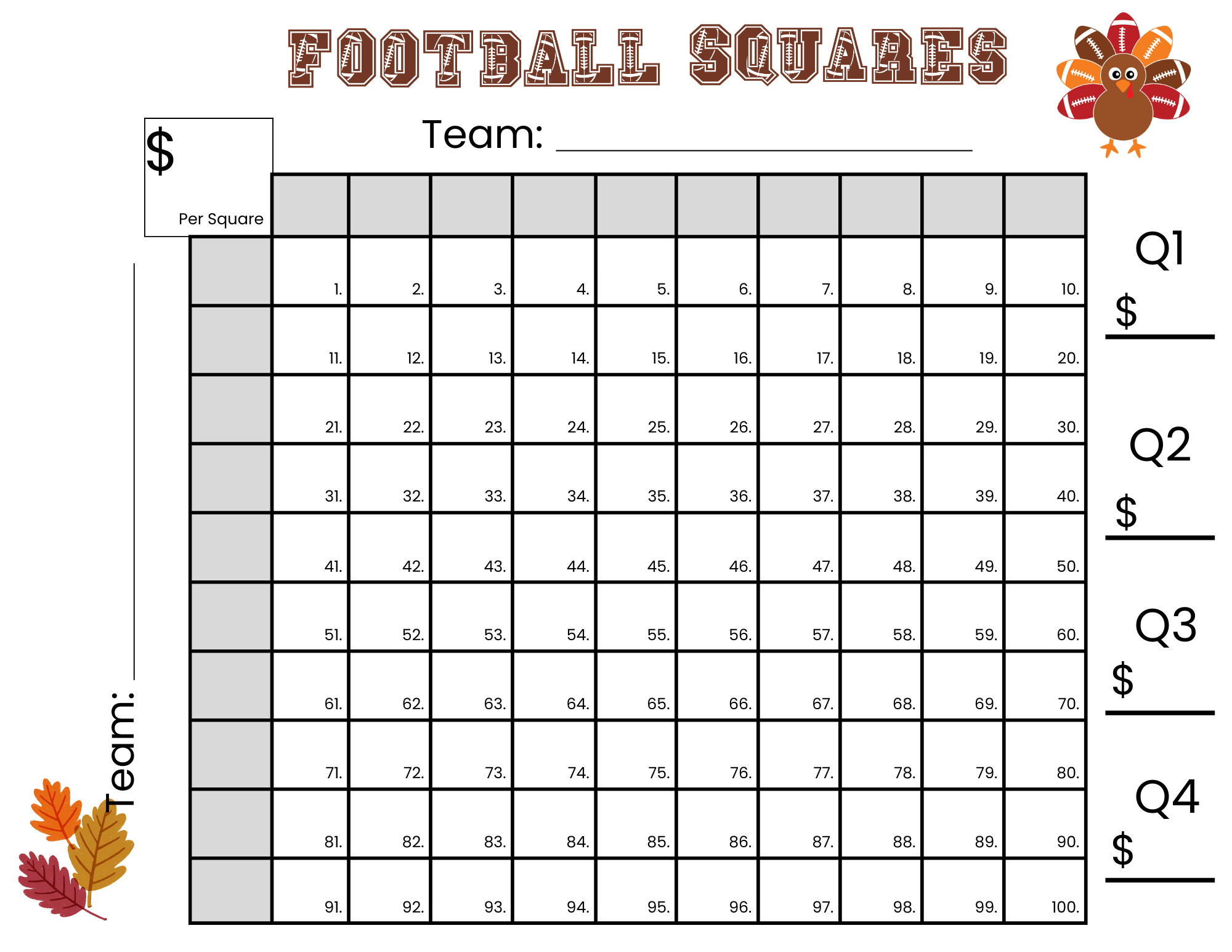 100 Thanksgiving Football Squares Game Printable inside Free Printable 100 Square Football Board