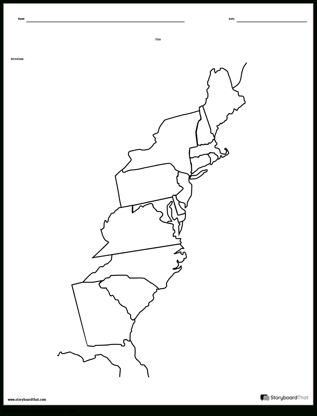 13 Colonies Map Black And White Blank Storyboard intended for 13 Colonies Blank Map Free Printable