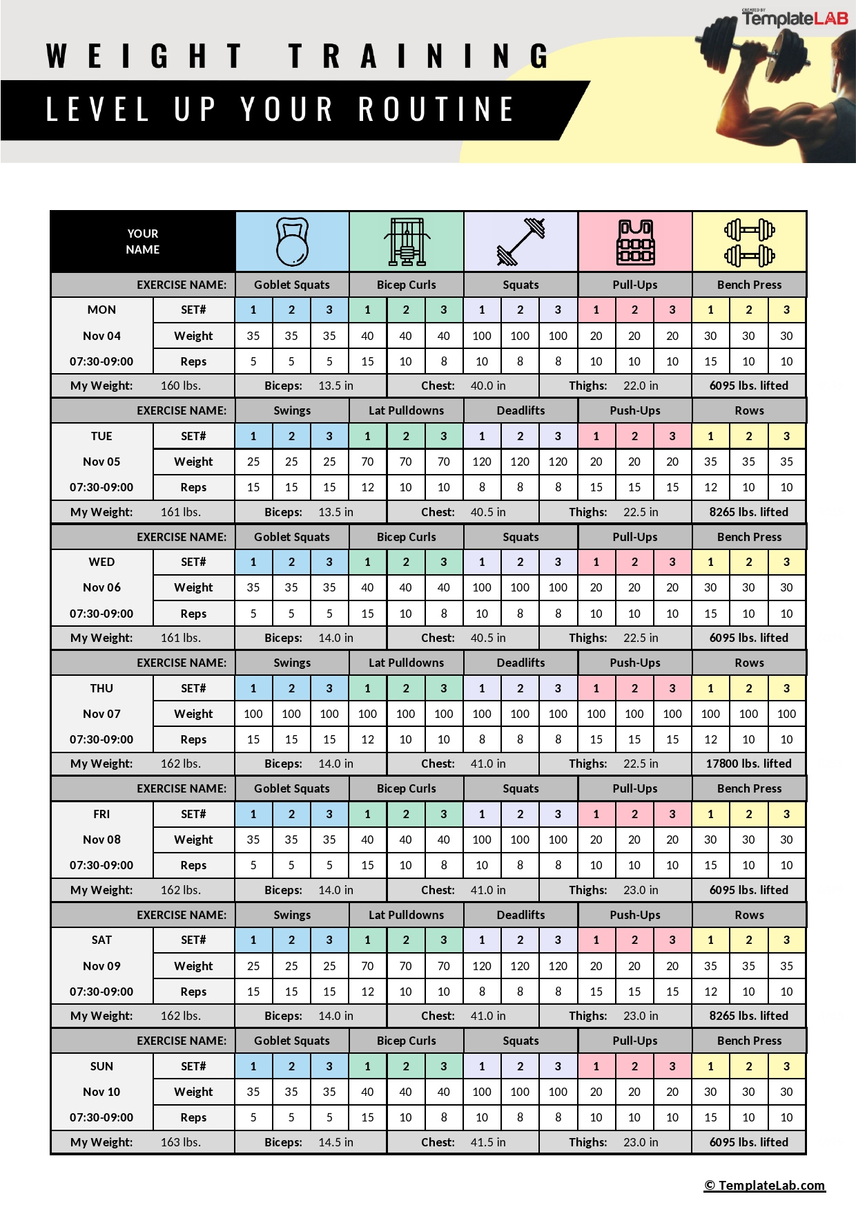 15 Effective Workout Log &amp;amp; Calendar Templates ᐅ Templatelab for Strength And Conditioning Template Download Free