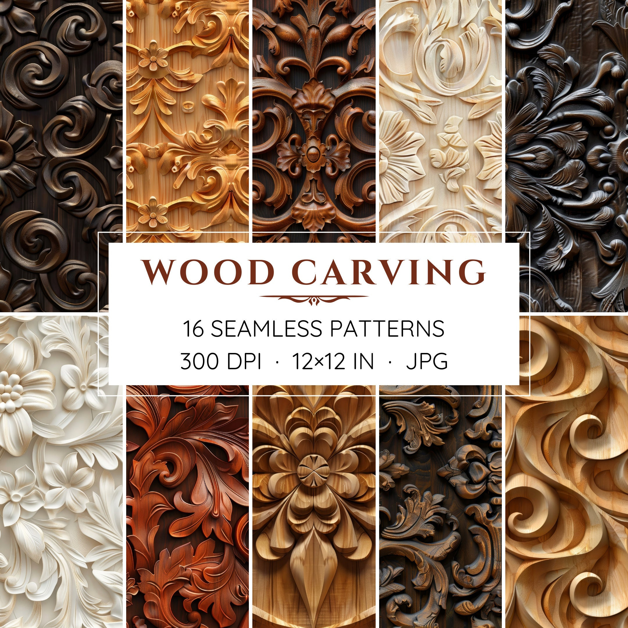 16 Seamless Wood Carving Patterns - Digital Papers - 3D Textured inside Carving Pattern Fan Wood Printable