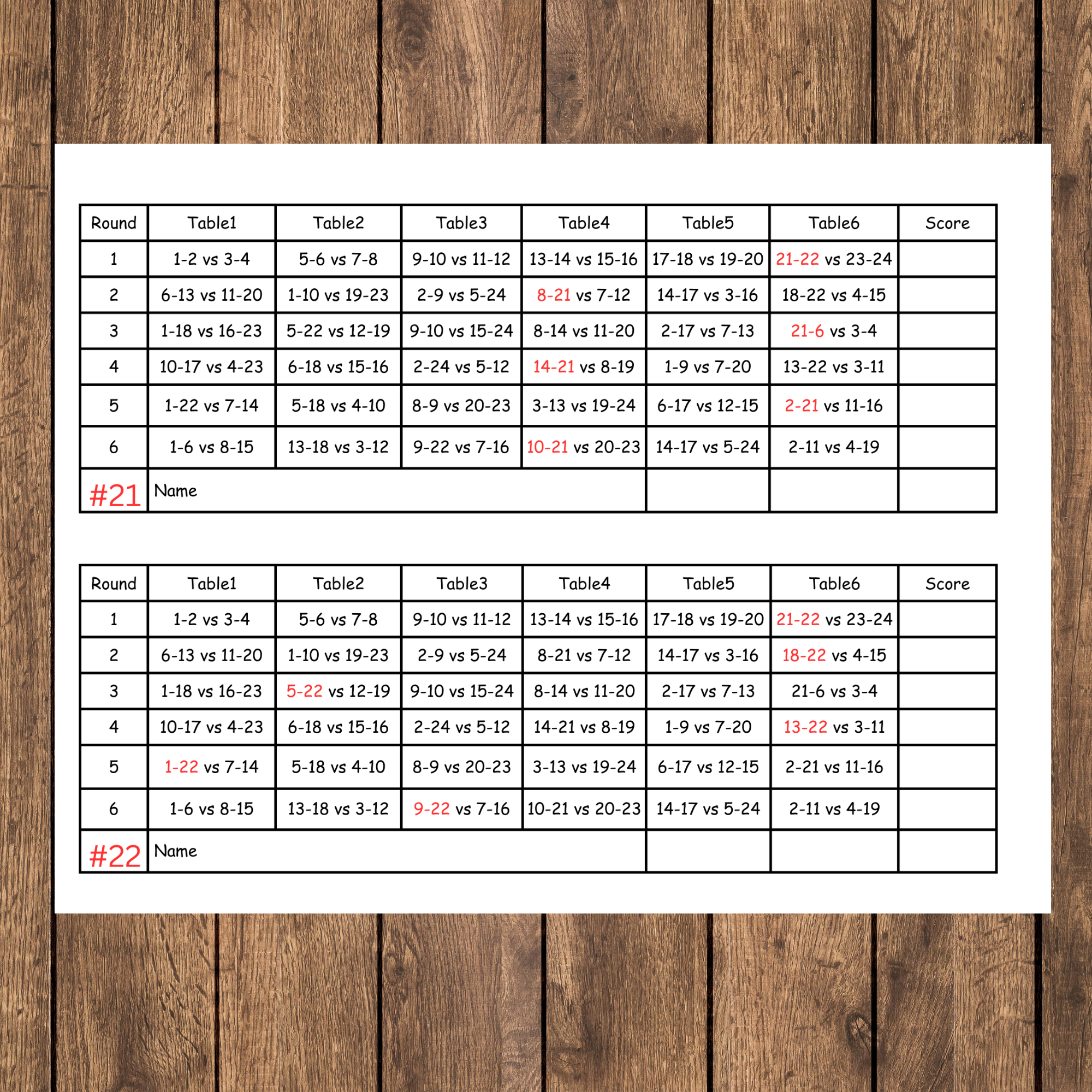 24 Person Euchre Tournament Rotation 6 Table Score Cards for Free Euchre Printables