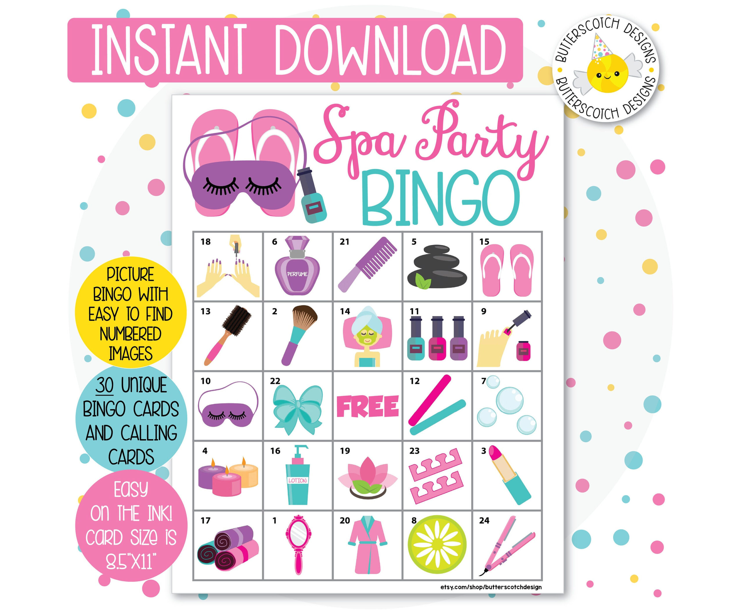 30 Spa Party Printable Bingo Cards (30 Different Cards) - Instant pertaining to Spa Bingo Free Printable